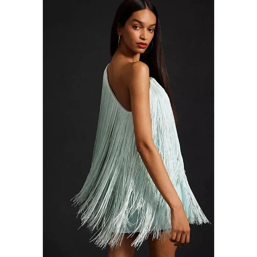 NWT ANTHROPOLOGIE X HUTCH ONE SHOULDER FRINGE MINI DRESS IN MINT - Picture 3 of 4